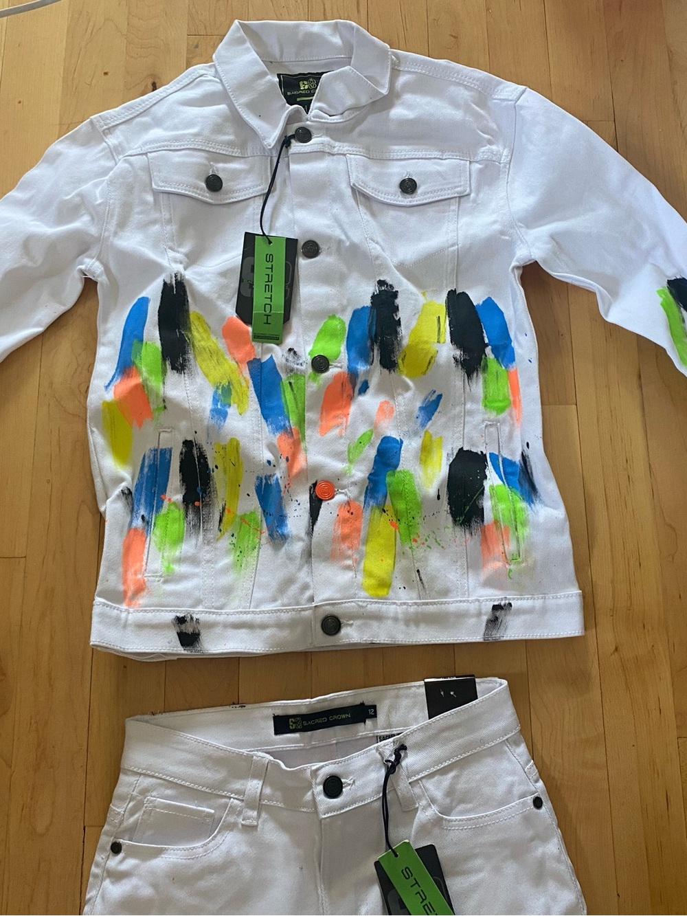 Boys White Painted Denim Jacket and pants set